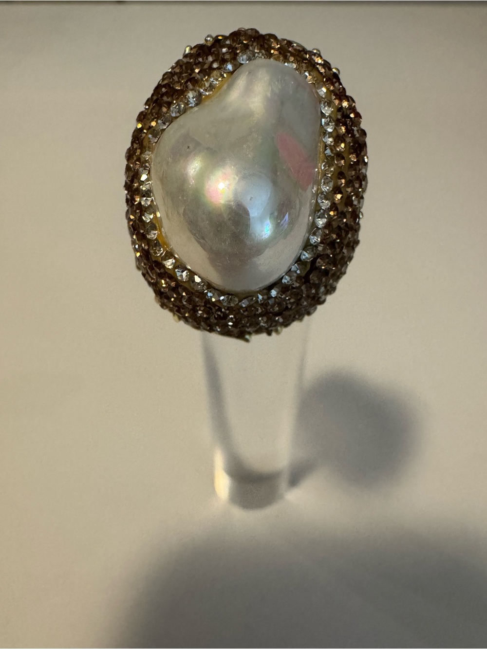 Baroque Pearl Statement Ring with Brown Crystal Pavé